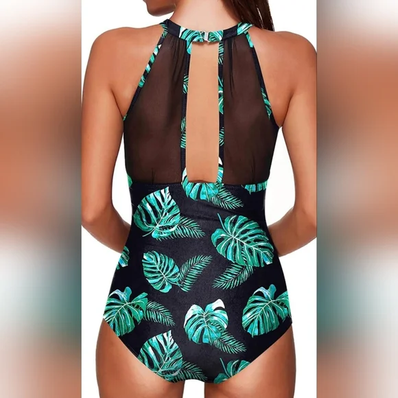 NWT Tempt Me Brand Tropical Leaf Print 1 Piece Swimsuit Small - Picture 2 of 3